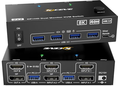 KVM Switch 2 Monitore 2 PC 8K, Displayport + HDMI USB 3.0 KVM Umschalter für zwei Monitore, Unterstützt 8K@60Hz, 4K@120Hz für 2 Computer, die Tastatur, Maus und Monitor teilen