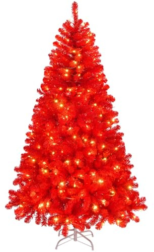 Outopee 6ft Red Artificial Christmas Tree with DIY 100 Warm Lights | 750 PVC Branch Tips, Foldable Metal Stand, Battery Operated, Christmas Holiday Party Decoration for Home Office Shop