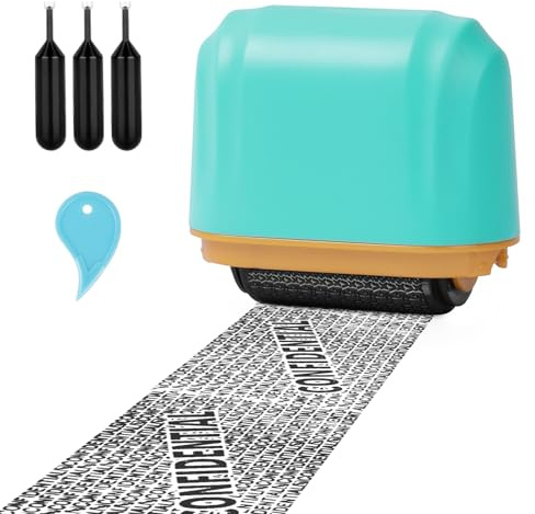 AUAUY Rullstämpel med adressblockerare med 3 påfyllningar, identitetsstöldskydd, rullstämpel, dataförsvarare, 35 mm breda persondatasäkerhet och dataskyddrom för att dölja känslig information – blå