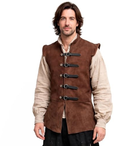 RAWBLADE Brunel Gilet Médiéval en Cuir Suédé Homme, Gilet Renaissance Ajustable avec Boucles Métalliques, Costume Médiéval Homme pour GN, Cosplay, Fête Médiévale et Reconstitution Historique