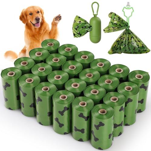 Bolsas Caca Perro, GeeRic 360 Bolsas – 24 Rollos Bolsas para Excrementos de Perro con 1 Dispensador, Extra Grueso y a Prueba de Fugas Bolsas Excrementos Perros Polietileno-Material, Portátil Verde