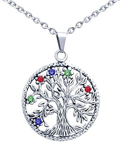 Feilok Collana da Donna in Acciaio Inox, Ciondolo Albero della Vita, Cristalli di Cristallo, 55 cm, Acciaio Inossidabile, FL0053-coloursy