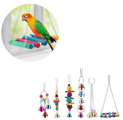 Jouet à mâcher pour Animaux de Compagnie, 6 pièces en Bois en métal Perroquet Cage balançoire Jouets coloré Suspendu Perroquet Jouet avec Cloches pour Oiseaux perroquets Moyens et Petits