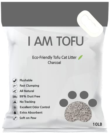 I AM TOFU - Tofu Cat Litter, Natural, Flushable, Dust Free Extra Clumping Pellet Litter (10 lb Bag, Charcoal)