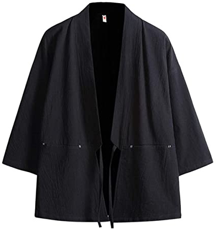 Haseil Men's Kimono Cardigan Japanese Jackets Casual Cotton 3/4 Sleeve Shirt Open Front Coat Lightweight Linen Outwear, black, XL