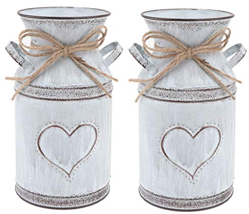 Cabilock 2Pcs Vintage Flowers Vase Metal Flower Bucket With Heart-shape Countryside French Vase Galvanized Milk Can Shabby Chic Jug Tin Pitcher for Rustic Home Table Centerpiece
