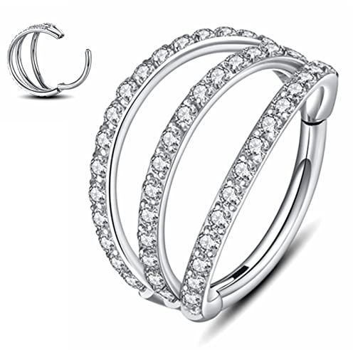 Yrogcu Nose Ring Lip Septum-Clicker: Double Ring With Zicron Silver 16G 12mm 316L Surgical Steel Earring for Helix Rook Conch Cartilage Daith Tragus Piercing Jewelry