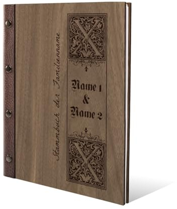 Personalisiertes Stammbuch Hochzeit aus echtem Holz mit Leder Rücken A5 oder A4 inkl. vorgedruckten Seiten - Siegelbrief