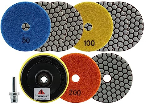 FOCSTOL Diamond Dry Polishing Pads - 8pcs 100mm grit 3pcs 50+100+ 2pcs 200 Polishing Kit with M14 Backer for Granite Marble Artificial Stone Quartz for Angle Grinder