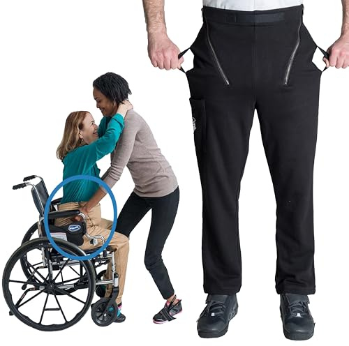 Transfer Pants - Standing Aid & Support for Transfering Disabled Wheelchair Patients Safely - Comfy Fleece Sweatpants (Black, Large)
