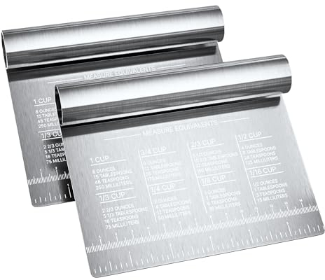 Bench Scraper for Baking, Food Scraper Stainless Steel Blade Dough Cutter with Engraved Measuring Guide & Equivalent Chart, Scraper Tool kitchen Use for Scrapping, Cutting, Chopping, 2 Pack