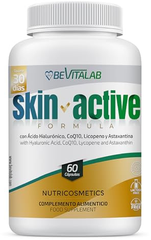 BEVITALAB SKIN ACTIVE Suplemento para Piel Joven y Radiante, Antiedad con Colágeno Marino, Ácido Hialurónico, CoQ10, Biotina, Zinc y Vitamina C – Nutricosmetico – Hidratada y Reafirmara – 60 Cápsulas