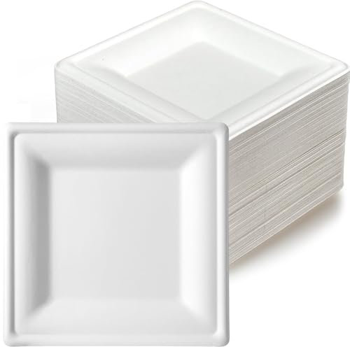 G.M. DISTRIBUZIONE 200 Piatti Quadrati Bianchi in Polpa di Cellulosa 16x16 cm, Ideale per Cibi Caldi e Freddi, Piatti Imperameabili Usa e Getta Adatti al Microonde, Biodegradabili e Compostabili