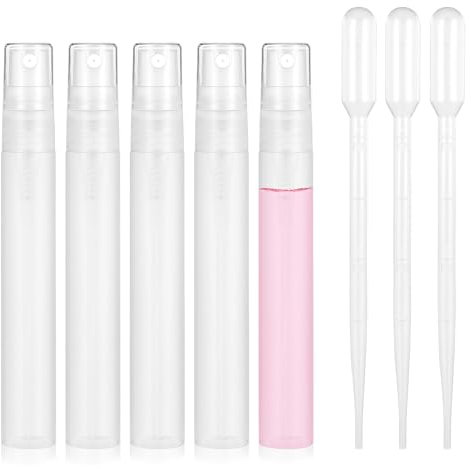 Bewudy 5Pcs Mini Spray Bottle, 10ml Mini Plastic Spray Bottle Empty with 3 Pcs Transfer Pipettes, Fine Mist Refillable Mini Perfume Bottle, Perfume Atomizer Clear Plastic Portable Travel Bottle(10ML)