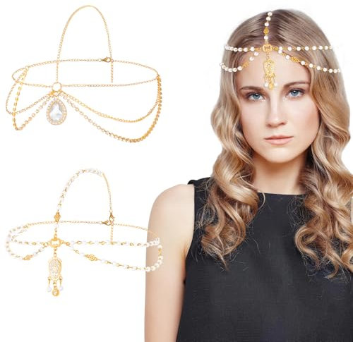 MELLIEX Kopfkette Gold, 2 Stück Boho Quaste Kopfschmuck Perlen Strassstein Haarkette für Frauen und Mädchen