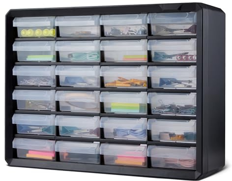 Amazon Basics Cassettiera Portaminuteria, Organizzatore in Plastica 24 Cassetti con Divisori per Ufficio/Attrezzi/Minuteria, Montabile a Parete, 16 x 54,1 x 40,1 cm, Nero