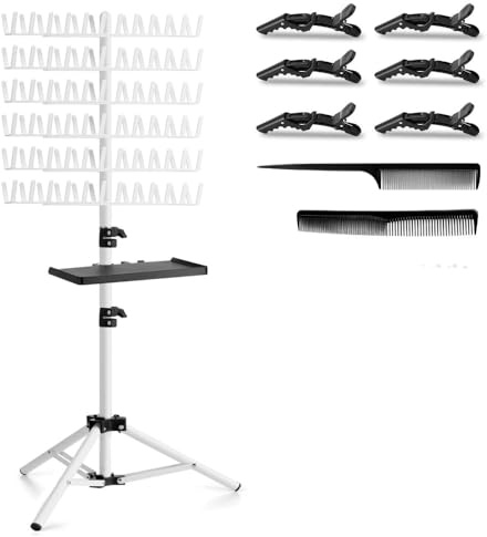 Présentoir à perruque double face réglable avec 144 pinces et 2 peignes, avec plateau, 6 clips et 2 peignes, pour extensions, bricolage (blanc)