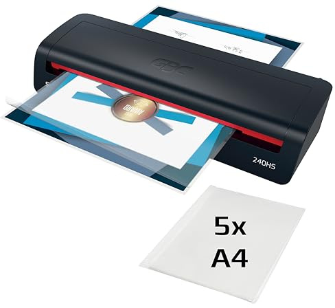 GBC 240HS Home Office A3 Lamineringsmaskin – HighSpeed, snabb uppvärmning på 2 min, 75–125 mikron, anti-jam, auto standby, inkl. 5x A4 lamineringsfickor, svart/röd, 4410069EU