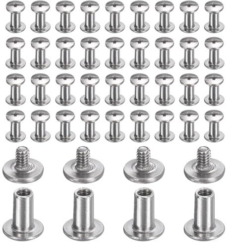 sourcing map 40set Chicago Screw M2x6mm 3mm Length Metal Phillips Nail Rivet Stud Bolts Rivets Binding Post Screw for DIY Leather Belt Bag Craft Bookbinding, Silver