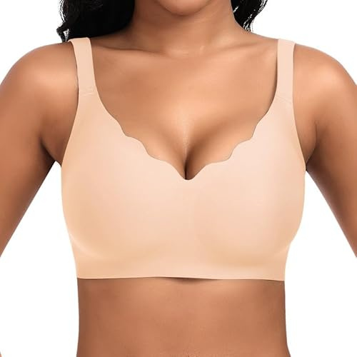 Cavotor Jelly Bras for Women Non Wired Seamless Support Wireless Bra for Large Breasts Comfort Soft Bras Ladies T Shirt Bralettes with Extra Extender (Unpatterned Beige,L)