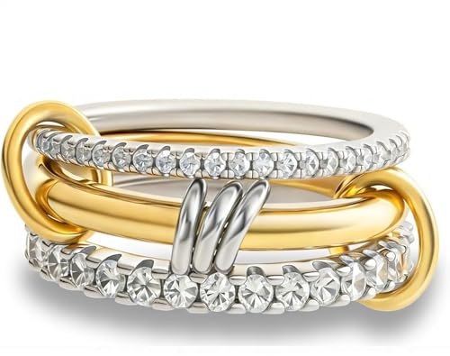 Hifot CZ Anillos Mujer Oro y Plata, Apilables Anillos Hombre, Circón Anillo Regalos para Mujer Juego De Nudillos Anillo Compromiso Que no se Deslustran Alianzas Boda 6