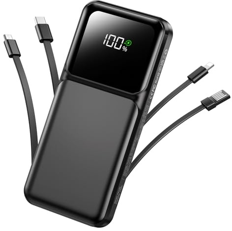 RONEGN Portable Charger with Built in Cable -20000mAh Fast Charging Power Bank USB C Slim 22.5W LED Display Battery Pack 5 Outputs & 3 Inputs for Travel Essentials iPhone Samsung Phones Black
