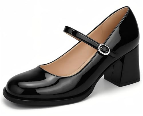 Pradize Décolleté Mary Jane Nere Donna, Tacco Largo Medio, Stile Classico Vernice (Nero, 275=IT-45)