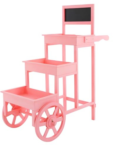 Headery 3-Tiered Candy Cart Display Stand, Flower Cart Stand with Wheels ＆ Blackboard, Country Market Wooden Rolling Table Carts for Display Flower Candy Party Favors and Crafted Items (Pink)