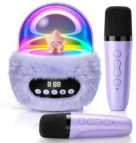 Machine à karaoké pour enfants avec 2 microphones : haut-parleur Bluetooth portable sans fil avec lumières disco RVB, 4 effets vocaux, jouet chantant d'anniversaire pour filles et garçons âgés de 3 à