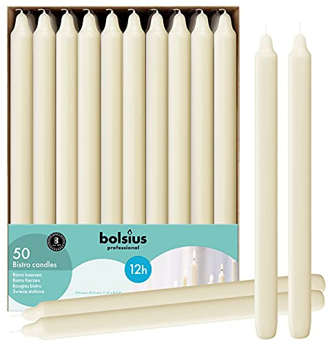 BOLSIUS Ivory Candlesticks Bulk Pack 50 Count - Unscented Dripless 11.5 Inch Household & Dinner Candle Set - 12+ Hours - Premium European Quality - Consistent Smokeless Flame - 100% Cotton Wick