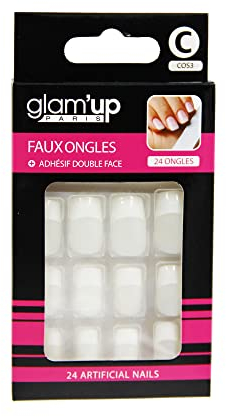 Glam’Up Paris - Faux Ongles - Pleine Couverture - Facile à Utiliser - 24 Faux Ongles par Boîte + Adhésifs Double Face - Forme Carrée XL - N°3 - French Manucure Blanc