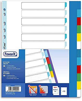 Favorit 400132502 - Separadores de perforación universal para archivadores de anillas con 12 tacos neutros de colores, formato interior 23 x 29,7 cm, de polipropileno (material plástico no tóxico)