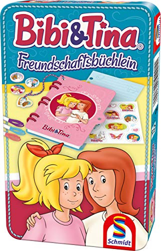 Schmidt Spiele 51421 Bibi et Tina Carnet d'amitié avec jeu dans boîte métallique, Multicolore - Version Allemande