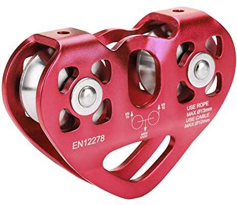 WALLFIRE Climbing Pulley, 30KN Stainless Steel Dual Pulley Zip Line Rescue Cable Trolley Outdoor Rock Climbing Rescue Equipment for Mountaineering, Exploring, Rescue, Aerial Work(Red)