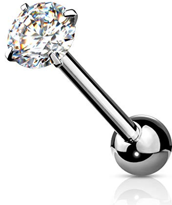 Tata Gisèle - Piercing per lingua, barbell, in acciaio chirurgico 316L e ossido di zirconio, con zircone rotondo incastonato e Titanio, colore: Argenté / Transparent, cod. 3701181792438
