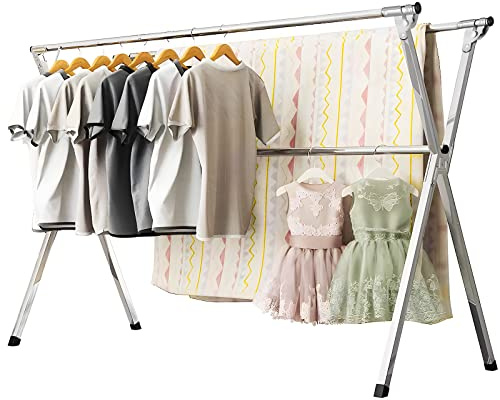 URYAN 200cm Séchoir à Linge, Étagère de séchage en Acier Inoxydable Robuste-Étendoir à Linge Pliable intérieur extérieur,Séchoir Linge Portable autoportant avec 20 Crochets Anti-Vent