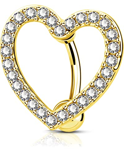 OUFER 14G Reverse Gold Bauchnabelpiercing Chirurgenstahl Herz 10 mm Stablänge Lang Piercing Bauchnabel Bananabells CZ NabelpiercingD Belly Button Piercing Bar Navel Ring