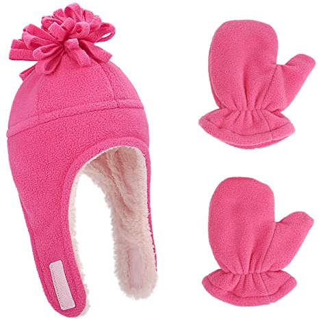 LACOFIA Bonnet en Molleton Chaud pour Bébé Fille Ensemble Chapeau et Moufle de Pilote d'hiver à Oreillettes pour Enfants Rose Rouge 3-10 Ans