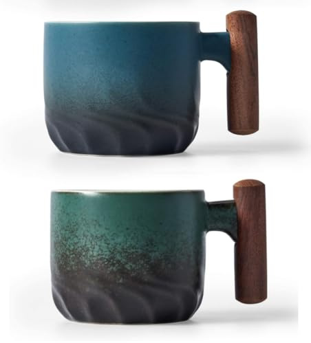 BlogBlog Ceramic Espresso Cups with Wooden Handle, Espresso Shot Glass, Ceramic Tea Cups, Porcelain, Demitasse Cups for Coffee or Tea, 57 ml, Blue and Green, Set of 2