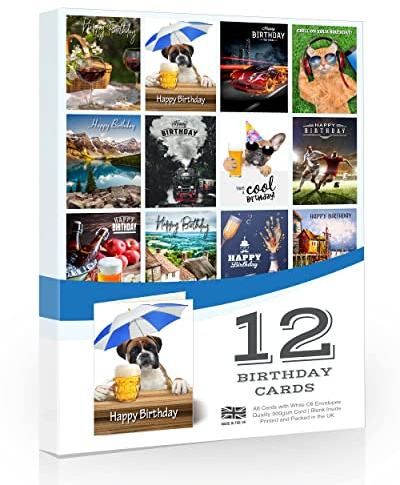 Olivia Samuel 12 x Male Birthday Cards Pack with Envelopes. UK Made and Fully Recyclable