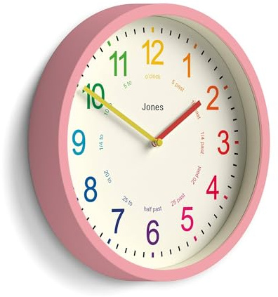 JONES CLOCKS® Kids Reloj de Pared | Pequeño Reloj Moderno para la guardería Infantil | 25cm | Rosa | Dial Colorido para Aprender a medir la Hora