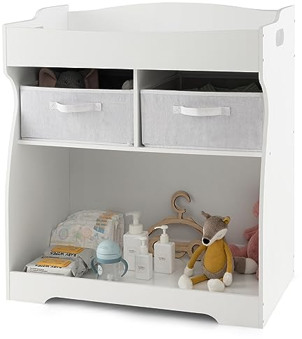 DREAMADE Baby Wickelkommode, Kinderzimmer-Kommode mit Wasserdichter Wickelunterlage, Sicherheitsgurt und herausnehmbaren klappbaren Schubladen, Wickelstation für Neugeborene