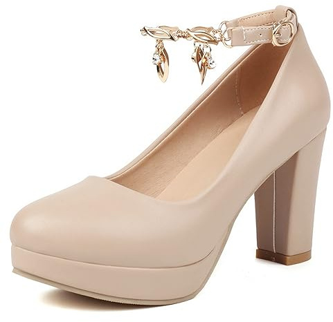 Lizoleor Escarpins Femme Talon Carré Plateforme Bout Rond Bout Fermé Bride Cheville Mariage De Mariée Robe Elegantes Habillée Beige Taille 41 EU/43CN