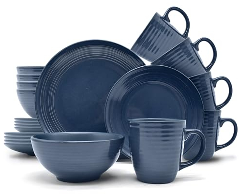 ECHTWERK Vajilla vintage de 16 piezas Alicia, diseño moderno, para 4 personas, elegante vajilla de gres azul oscuro con 4 platos llanos, 4 platos llanos, 4 cuencos, 4 tazas de té