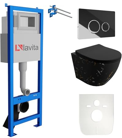 Lavita LAV 101 - Elemento da parete per WC 40 cm + parete sospesa per WC SOFI SLIM FIRE nero, senza bordi e pannello di controllo LAV 200.4.2, cromato, set completo | cassetta di risciacquo da incasso