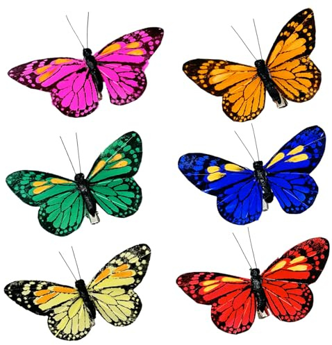 FBIRDY 6pcs Artificial Feather Butterfly Decorations Artificial Butterflies for Crafts Christmas Butterfly Ornament Christmas Tree Flower Bouquet Decorations Clips for Wall Floral Party Home Decor