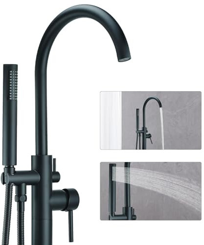 FBUKE Grifo de bañera independiente, grifo de bañera independiente de montaje en suelo, relleno de bañera independiente de latón, grifo mezclador de ducha de alto flujo, negro mate