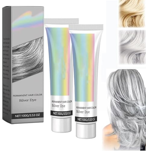 Crema para Teñir el Cabello de Gris Plateado, 2 en 1 Extracto de Esencia Natural Tinte de Cabello Plateado, Tinte de Cabello Permanente, Para Diario & Cosplayer & Fiesta (2pcs)