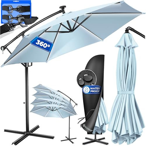 KESSER® Parasol déporté solaire LED en aluminium avec housse, télécommande et manivelle - Parasol à manivelle avec support - Fonction 360 ° - Protection UV - Aluminium imperméable (bleu clair, 350 cm)