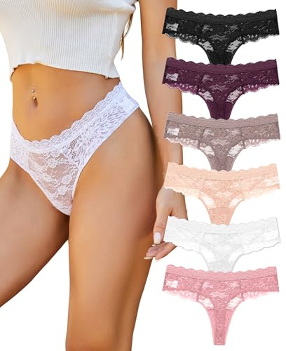 ALL OF SHE Lace Thongs for Women – Sexy Breathable Lace Thong Panties 6 Pack Womens Lingerie Underwear Set, Soft & Seamless Design, Size L